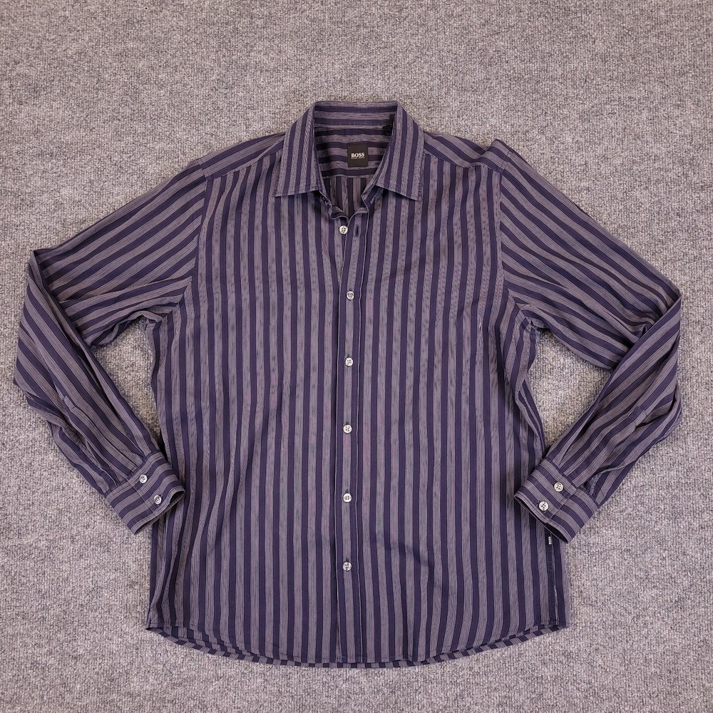 Hugo Boss Shirt Men L Blue White Striped Long Sleeve Spread Designer‎ Italian